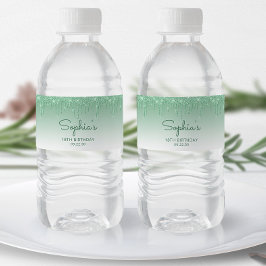 Elegant Grönt Glitter Drip 18:e Födelsedagsfesten Vattenflaskor Etikett