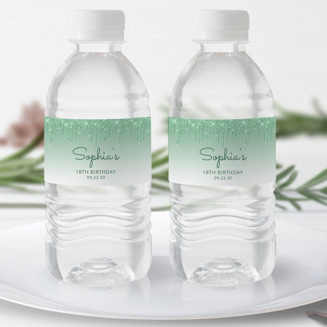 Elegant Grönt Glitter Drip 18:e Födelsedagsfesten Vattenflaskor Etikett (Skapare uppladdad)