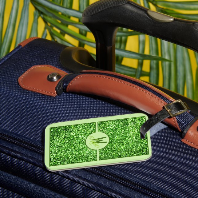 Elegant Grönt Glitter Monogrammad Bagagebricka (Framsida Insitu 3)
