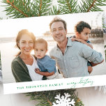 Elegant Grönt GOD JUL Photo Collage Julkort<br><div class="desc">ÖNSKAR DIN FAMILJ,  VÄNNER ETT GOD JUL-FOTOKORT LYCKLIG Helgdag Card. Det här trendiget innehåller 3 fotofamiljer på baksidan med ett stort foto på framsidan med anpassningsbar på framsidan och baksidan.</div>