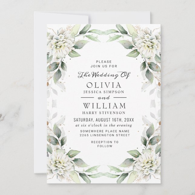 Elegant Grönt Golden Greenery Blommigt Bröllop Inbjudningar (Framsida)