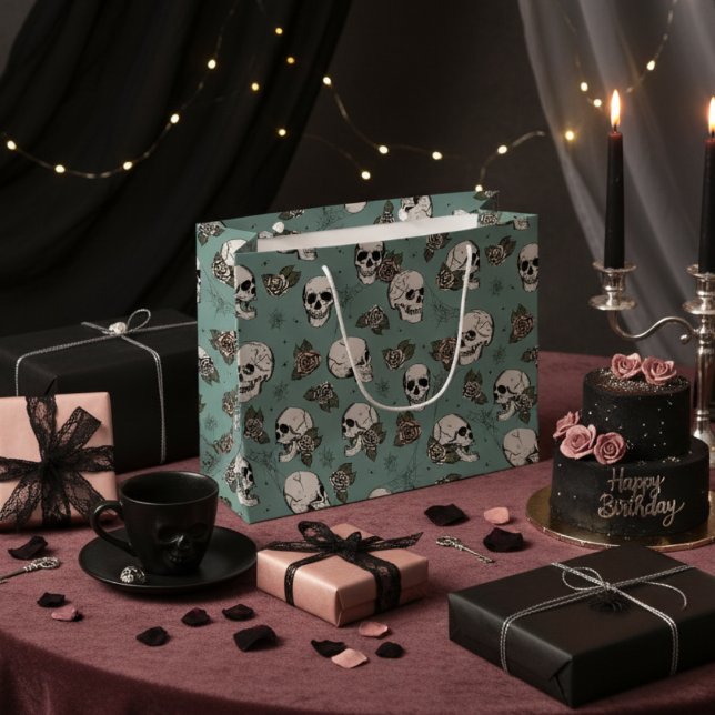 Elegant Grönt Gothic Döskallars och Ro Halloween (Elegant Skull and Roses Gothic Halloween Gift Bags for Her. Gothic Chic Style. Floral Skulls Pattern)