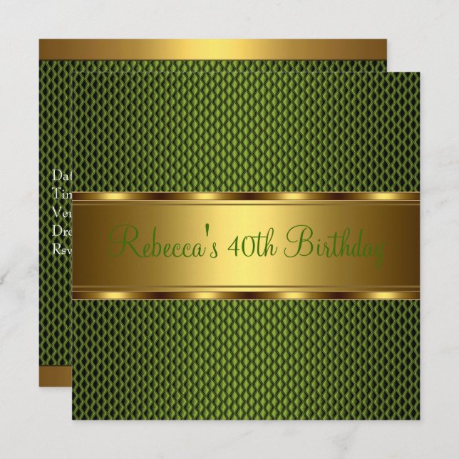 Elegant Grönt Guld 40:e födelsedag Party Inbjudningar (Fram/baksida)