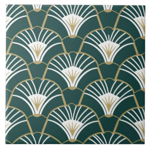 Elegant grönt guld art deco mönster kakelplatta