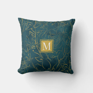 elegant grönt guld blommigt Monogram Dekorativ kud Kudde