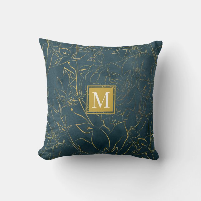 elegant grönt guld blommigt Monogram Dekorativ kud Kudde (Framsida)
