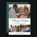 Elegant Grönt Guld Calligraphy Photo Collage Julkort<br><div class="desc">Anpassningsbar grönt och guld fotokort med helgdag på framsidan och grönt och guld mönster på baksidan. Anpassa enkelt det här helgdag till eleganten med dina foton och familjen namn. Fler alternativ för färg finns tillgängliga.</div>