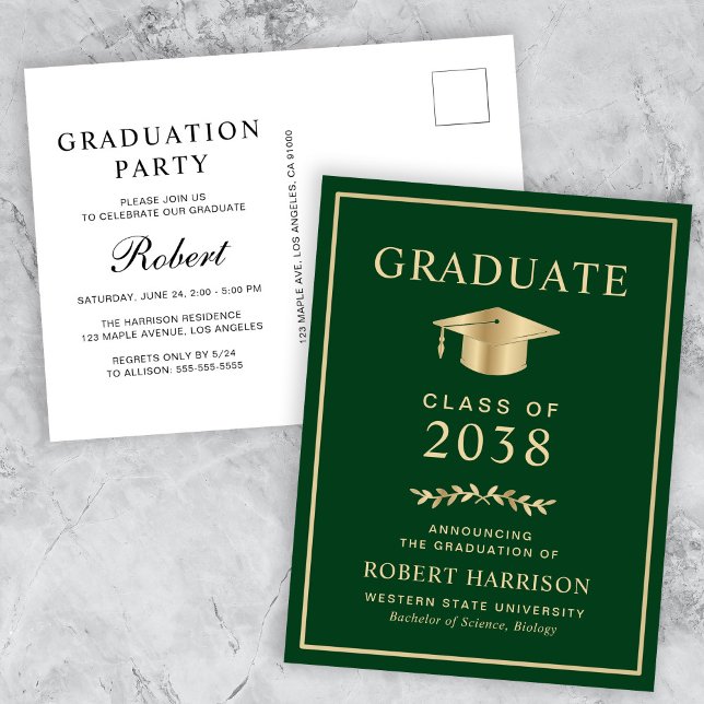 Elegant Grönt Guld College Graduation Party Inbjudan Vykort (An elegant college graduation party invitation postcard to celebrate the graduate's achievements)