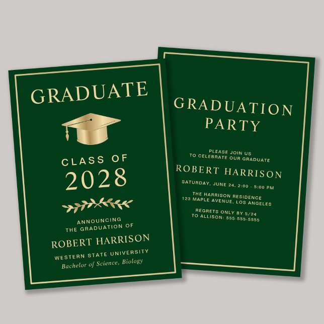 Elegant Grönt Guld College Graduation Party Inbjudningar (An elegant college graduation party invitation to celebrate the graduate's achievements)