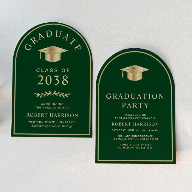 Elegant Grönt Guld College Graduation Party Inbjudningar (An elegant arch-shaped college graduation party invitation to celebrate the graduate's achievements)