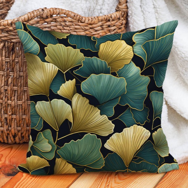 Elegant Grönt Guld Ginko Löv Black Kudde (Elegant green and gold ginko on black decorator pillow)
