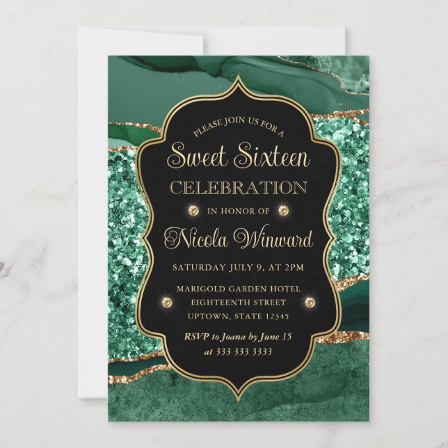 Elegant Grönt & Guld Glitter Agate Sweet sixteen Inbjudningar (Framsida)
