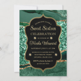 Elegant Grönt & Guld Glitter Agate Sweet sixteen Inbjudningar