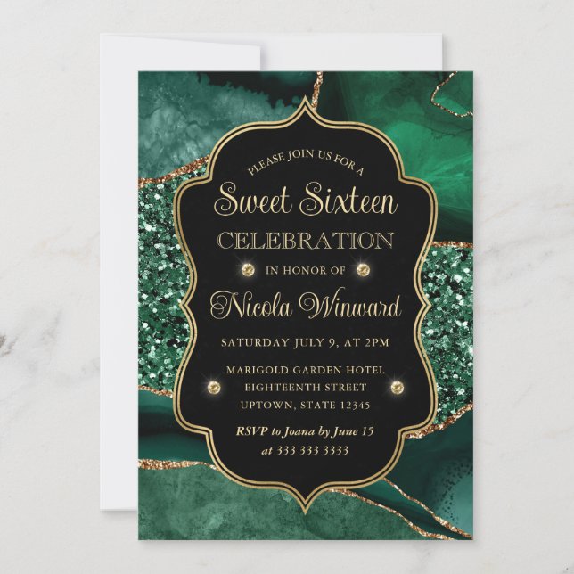Elegant Grönt & Guld Glitter Agate Sweet sixteen Inbjudningar (Framsida)