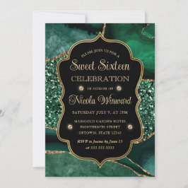Elegant Grönt & Guld Glitter Agate Sweet sixteen Inbjudningar