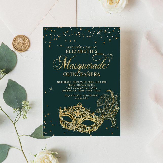 Elegant Grönt Guld Glitter Masquerad Quinceañera Inbjudningar (Skapare uppladdad)