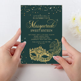 Elegant Grönt Guld Glitter Masqueravaret Sweet 16 Inbjudningar