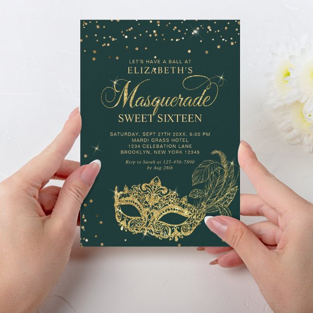 Elegant Grönt Guld Glitter Masqueravaret Sweet 16 Inbjudningar (Skapare uppladdad)
