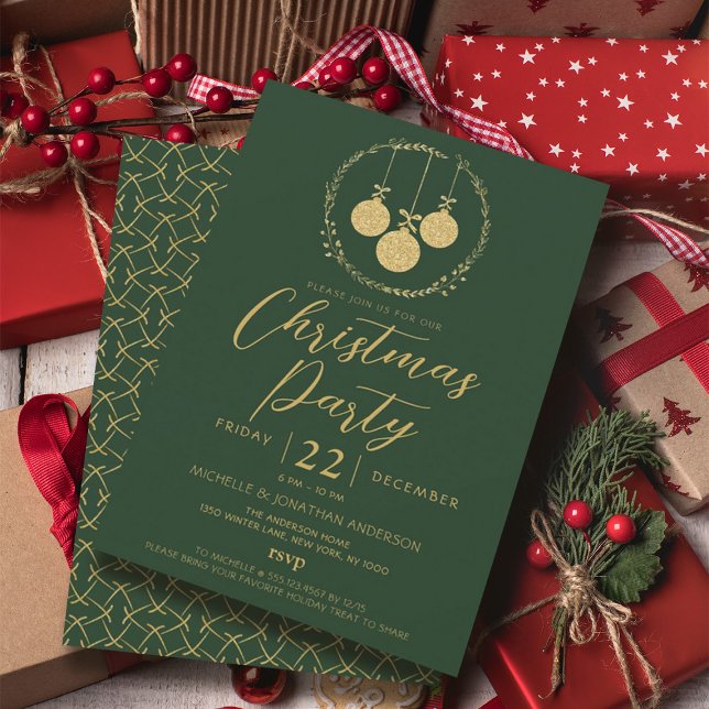 Elegant Grönt Guld Glitter, utandningstjuren Party Inbjudningar (Elegant Green Gold Glitter Wreath Christmas Party Invitation)