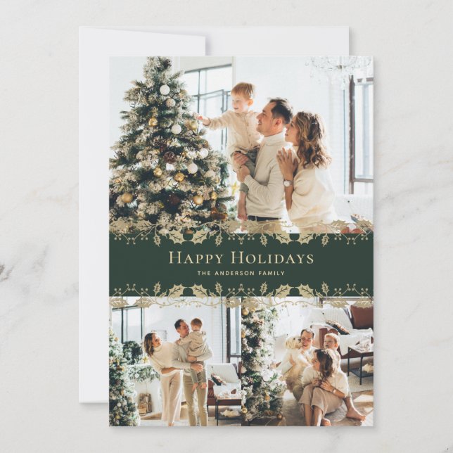 Elegant Grönt Guld Holly Photo Glad helg Julkort (Framsida)