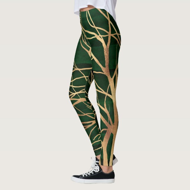 Elegant Grönt Guld Hösten Träd Teckning Leggings (Vänster)