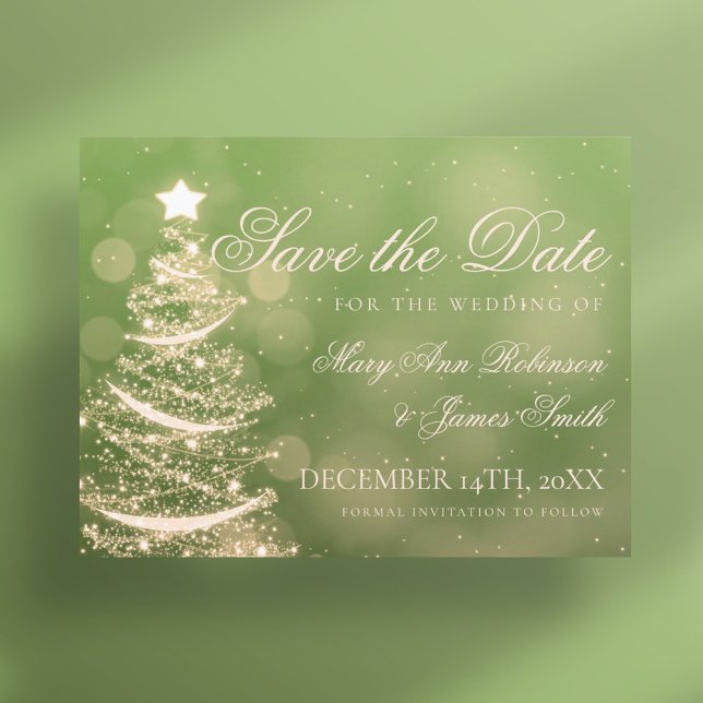 Elegant Grönt Guld jul Bröllop spara datum Meddelande Vykort (Elegant Green Gold Christmas Wedding Save The Date Announcement Postcard)