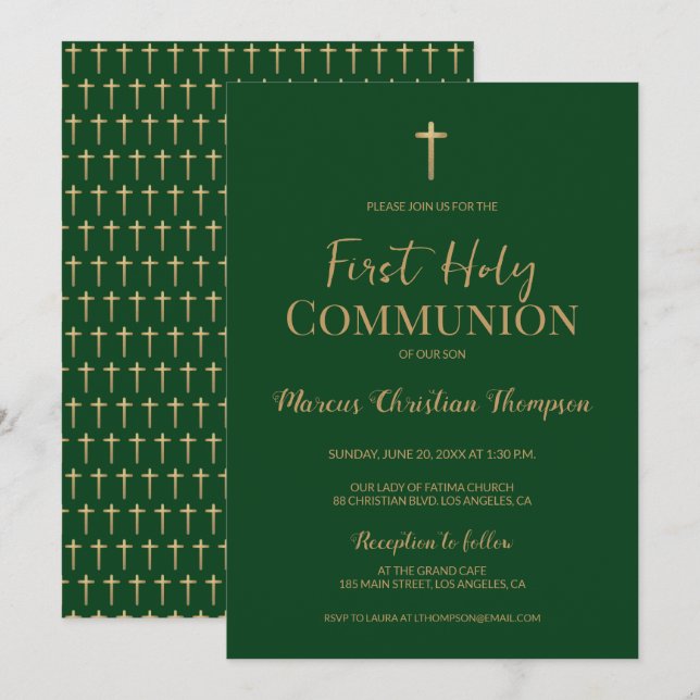 Elegant Grönt Guld Kor Boy First heliga communion Inbjudningar (Fram/baksida)