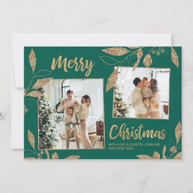 Elegant Grönt Guld Löv 2 Photo jul Card (Framsida)