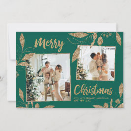 Elegant Grönt Guld Löv 2 Photo jul Card