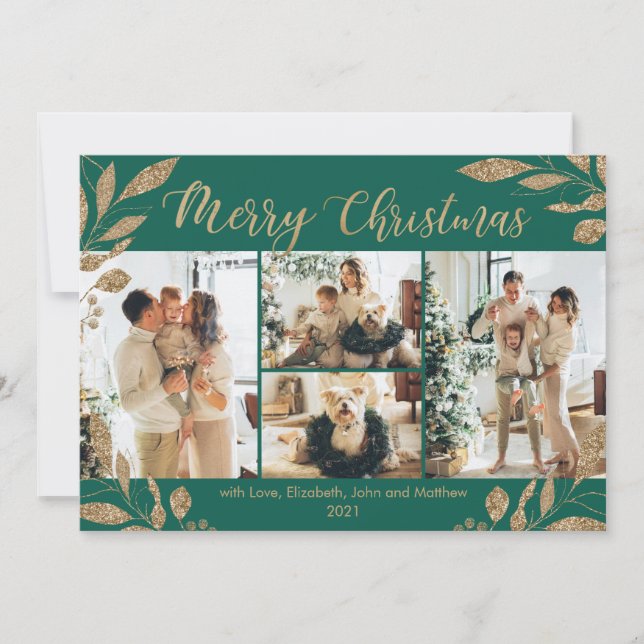 Elegant Grönt Guld Löv 4 Photo jul Card (Framsida)