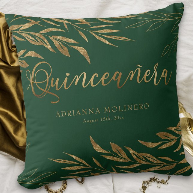 Elegant Grönt Guld Löv Personlig Quinceanera Kudde (Personalized Emerald Green Quinceanera keepsake pillow from my Gold Leaf Quincea)