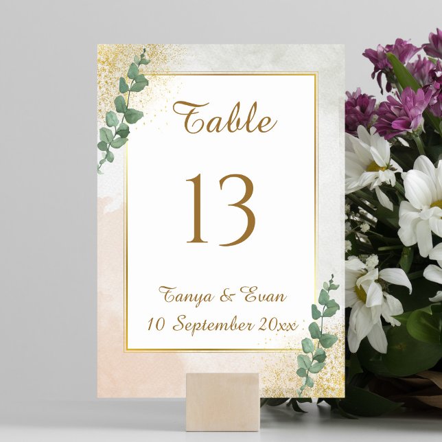 Elegant Grönt & Guld Photo Bröllop Bordsnummer (Elegant Green & Gold Photo Wedding Table Number (front))