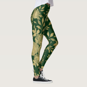 Elegant Grönt Guld Ro Blommigt Design Leggings