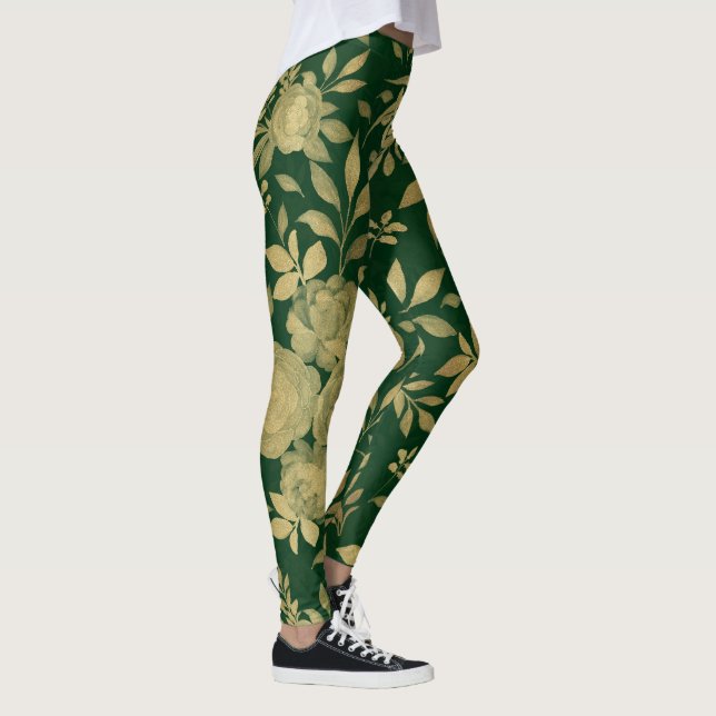 Elegant Grönt Guld Ro Blommigt Design Leggings (Höger)