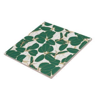 Elegant Grönt Guld Rubber Plant Foliage Design Kakelplatta