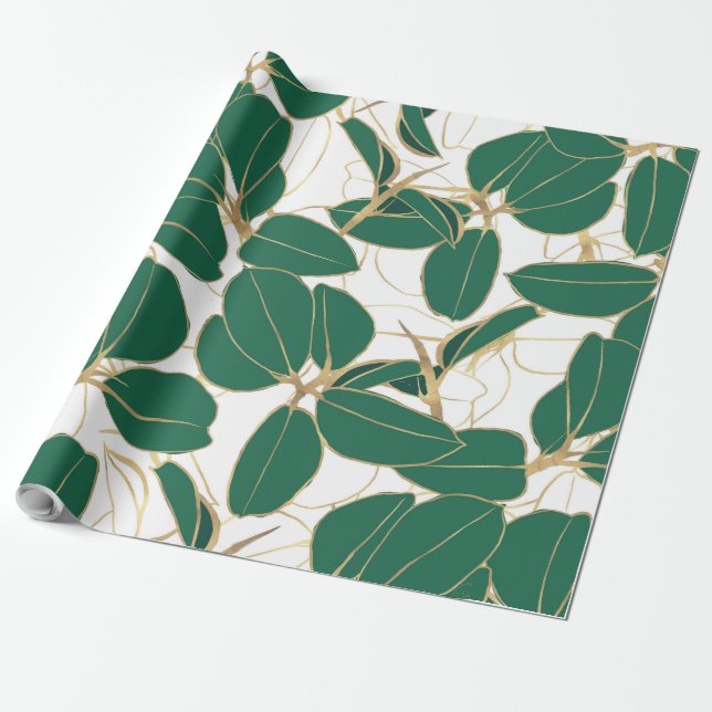 Elegant Grönt Guld Rubber Plant Foliage Design Presentpapper (Utrullad)