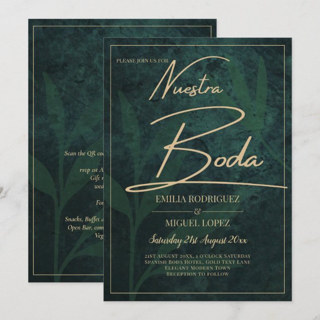Elegant Grönt Guld Spanska BODA QR Code OSA Inbjudningar (Fram/baksida)