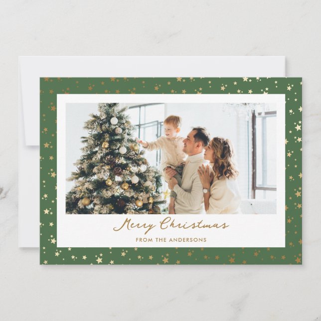 Elegant Grönt Guld Stars Photo God jul Julkort (Framsida)