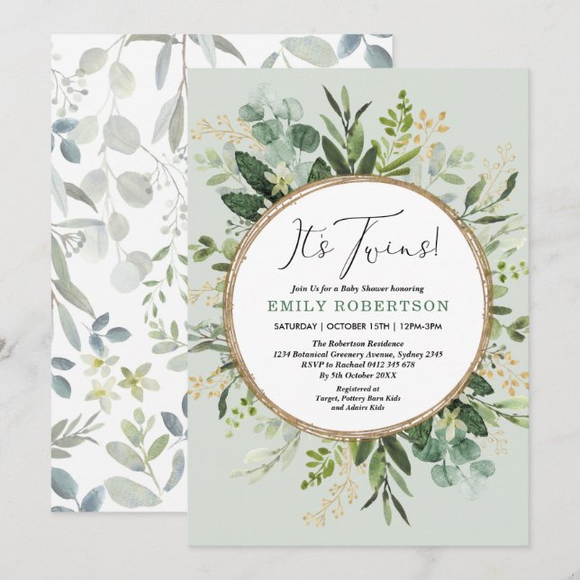 Elegant Grönt Guld Twillingars Greenery Baby Showe Inbjudningar (Fram/baksida)
