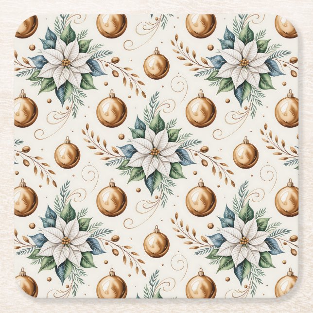 Elegant Grönt Guld White jul Poinsettia Underlägg Papper Kvadrat (Framsidan)