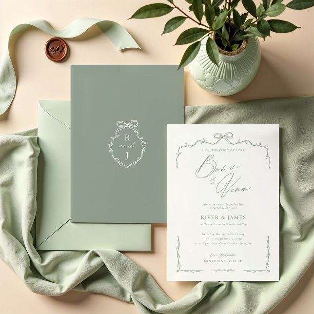 Elegant Grönt Hand plockade Bow & Ribbon Bröllop Inbjudningar (Elegant Green Hand Drawn Bow & Ribbon Wedding Invitation)