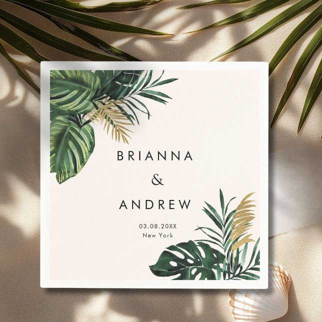 Elegant, Grönt Handflatan, Guld (Imitation) Pappersservett (Custom, Elegant, Green Palm, Gold (Imitation) Beige Napkins with your Name & Date.)
