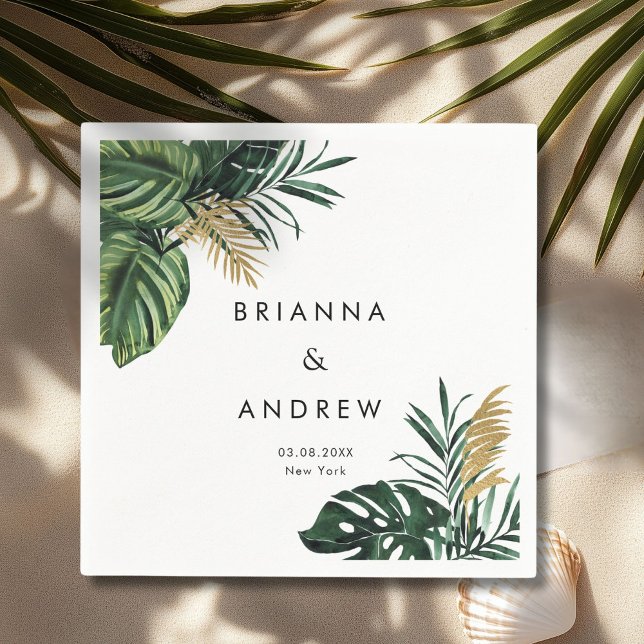 Elegant, Grönt Handflatan, Guld (Imitation) Pappersservett (Custom, Elegant, Green Palm, Gold (Imitation) White Napkins with your Name & Date.)