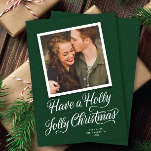 Elegant Grönt Holly Jolly Jul Script Photo Julkort