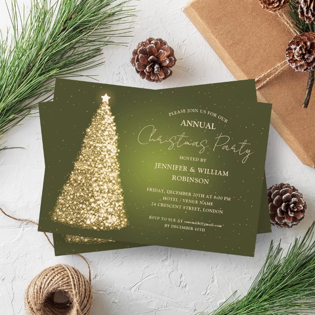 Elegant Grönt Julafton Träd Gnistra Julfesten Guld Inbjudningar (Elegant Gold Green Xmas Tree Sparkle Holiday Party Invitation)