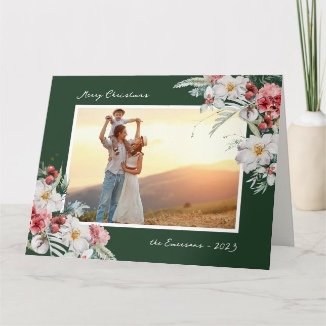 Elegant Grönt - Julfoto, Helgdag Kort (Framsida)