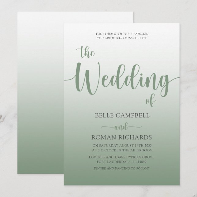 Elegant Grönt  Kalligrafi Skript Bröllop Inbjudningar (Fram/baksida)