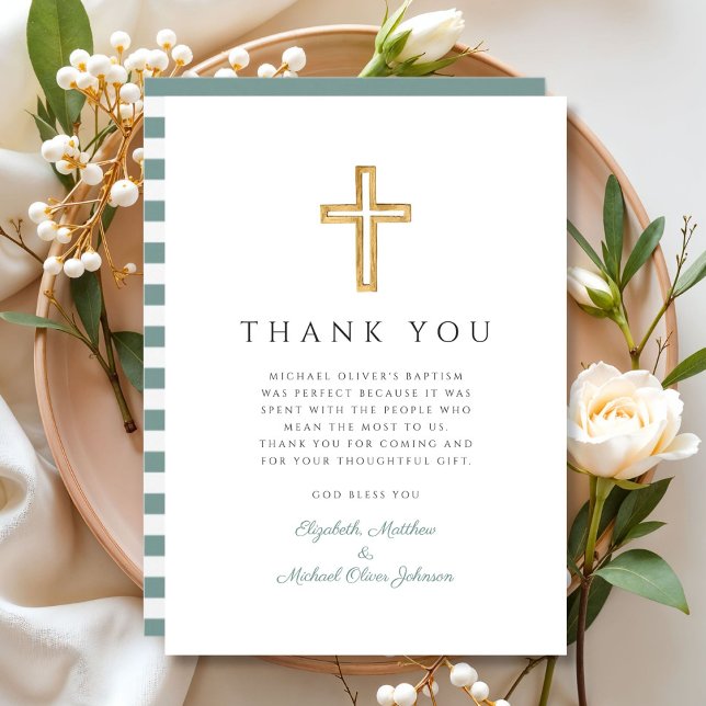 Elegant Grönt Kor Boy Baptism Tack Kort (Elegant Green Cross Boy Baptism Thank You Card)