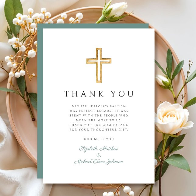 Elegant Grönt Kor Boy Baptism Tack Kort (Elegant Green Cross Boy Baptism Thank You Card)