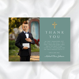 Elegant Grönt Kor Boy First Communion Photo Tack Kort